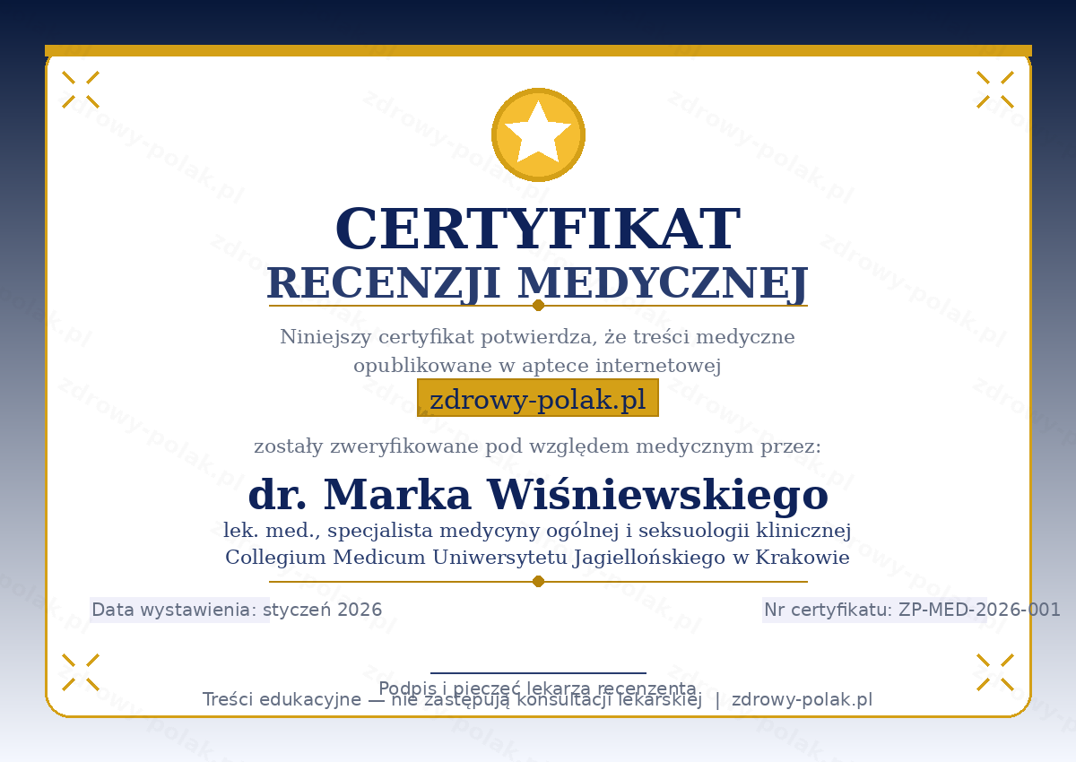 Certyfikat recenzji medycznej zdrowy-polak.pl — dr. Marek Wiśniewski, lek. med., specjalista medycyny ogólnej i seksuologii klinicznej, PWZ 2456789, Collegium Medicum UJ Kraków, Polskie Towarzystwo Seksuologiczne